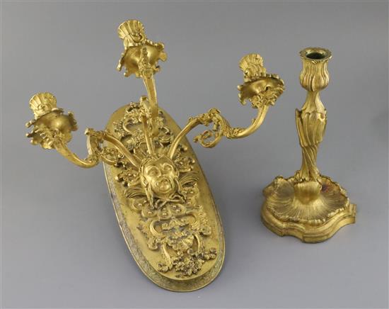A 19th century French ormolu three branch wall light, height 10.5in.